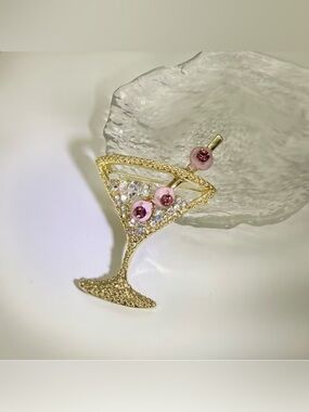 Golden Tone Martini Brooch Modern New with Pink Olives
